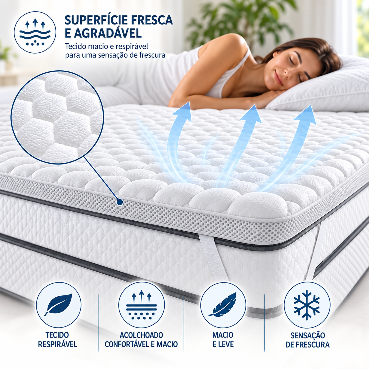 Superfície fresca e agradável: tecido macio e respirável, acolchoado confortável, macio e leve, sensação de frescura